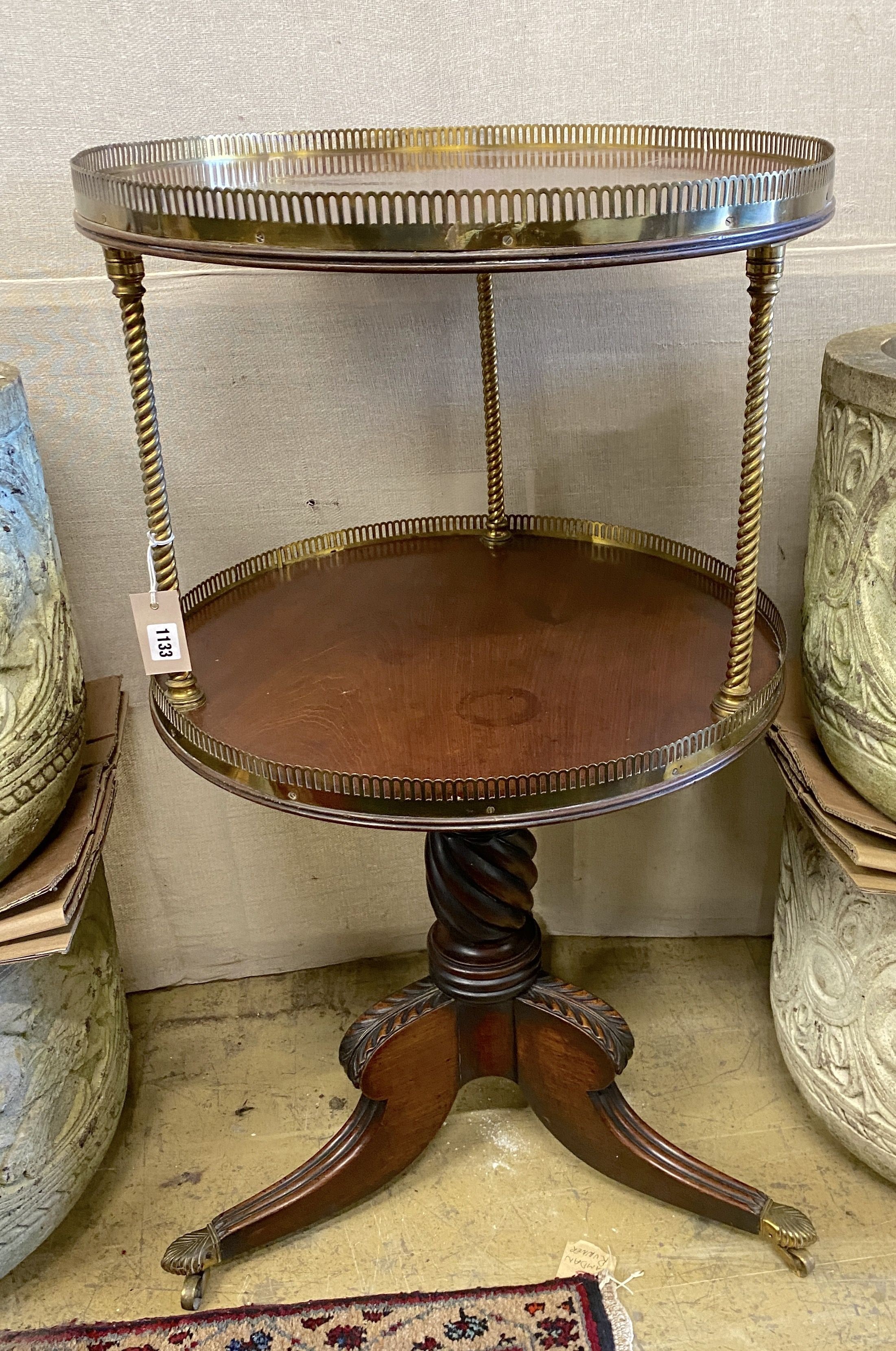A Regency mahogany two tier whatnot, diameter 56cm, height 101cm